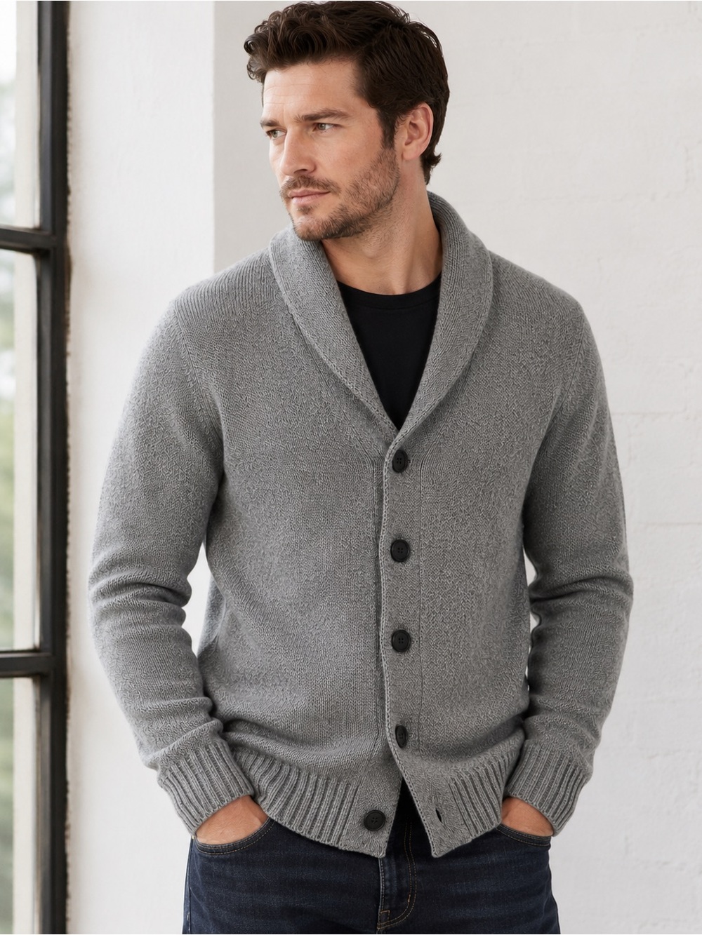 Kenneth Cole Men's Gray Shawl Collar Cardigan - Button Front - acrylic/wool